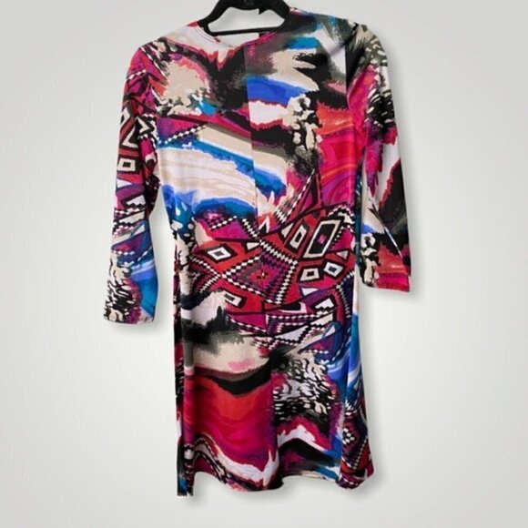 Fuchia Abstract Print Faux Wrap Dress - Picture 4 of 7